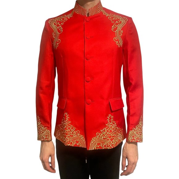 Red Chinese Wedding Suit Changshan with Gold Embroidery China Asian Traditional - Picture 8 of 8